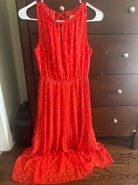 Maison Jules Red Heart-Print Sleeveless Pleated Midi Dress